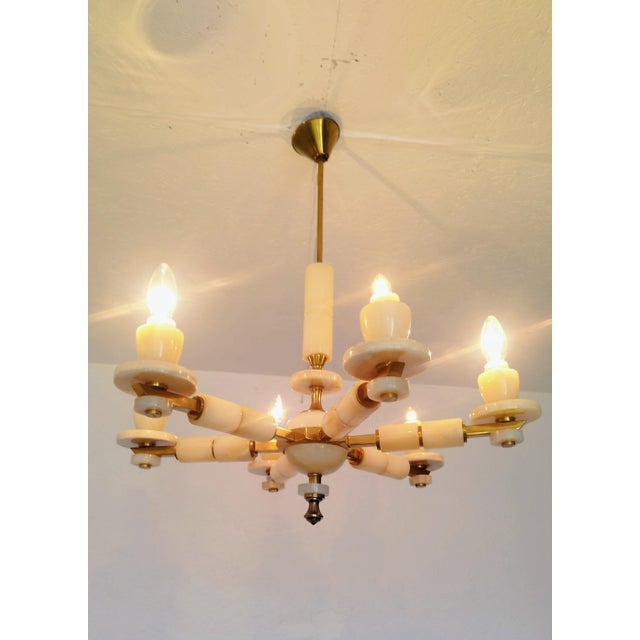 Italian 1980s Italian Onyx Brass Vintage Marble Chandelier Lighting Ceiling Fixture Light 6 Arms For Sale - Image 3 of 15