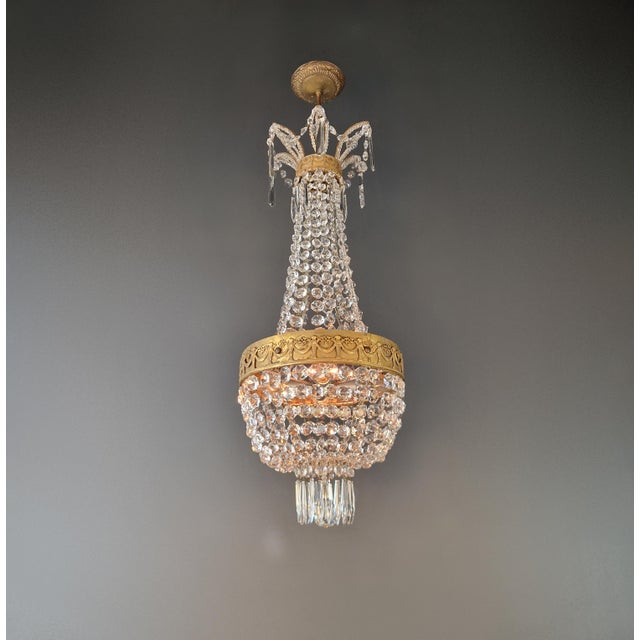 Empire Brass Chandelier Crystal Lustre Ceiling Light Antique Classical Art Deco For Sale - Image 4 of 9