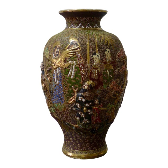 Japanese Satsuma Moriage Porcelain Vase For Sale