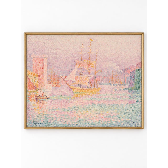 This vintage French coastal art print features sailboats in a luminous pastel harbor, reproduced from Paul Signac’s The...