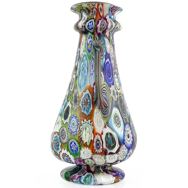 Beautiful and large, antique Murano hand blown Millefiori Murrina flower mosaic Italian art glass decorative flower vase....