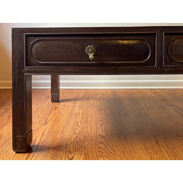 19th Century Chinese Tea Table with (2) Drawers Simple Carving at side panels and feet, aged brass drawer pulls. Wonderful...