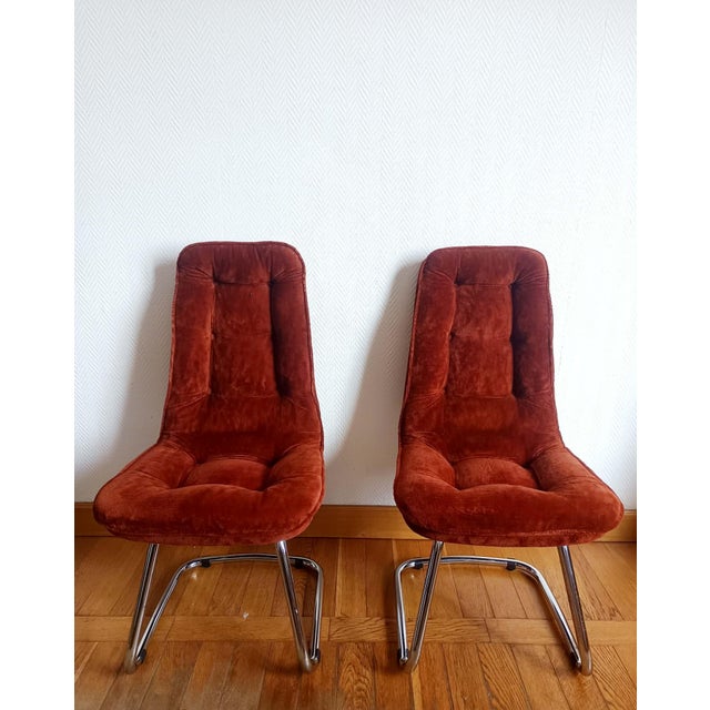 Pair of vintage chairs circa 1970, in the style of designs by Gastone Rinaldi, Italy. "Cantilever" model (tubular chromed...