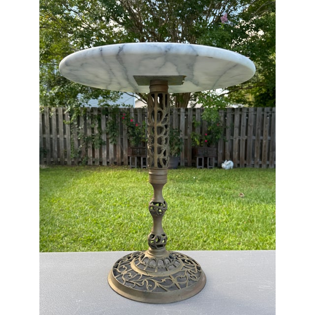 Mid 20th Century Vintage 17" Pierced Brass Side Table W/White & Grey Marble 15" Top For Sale - Image 5 of 7