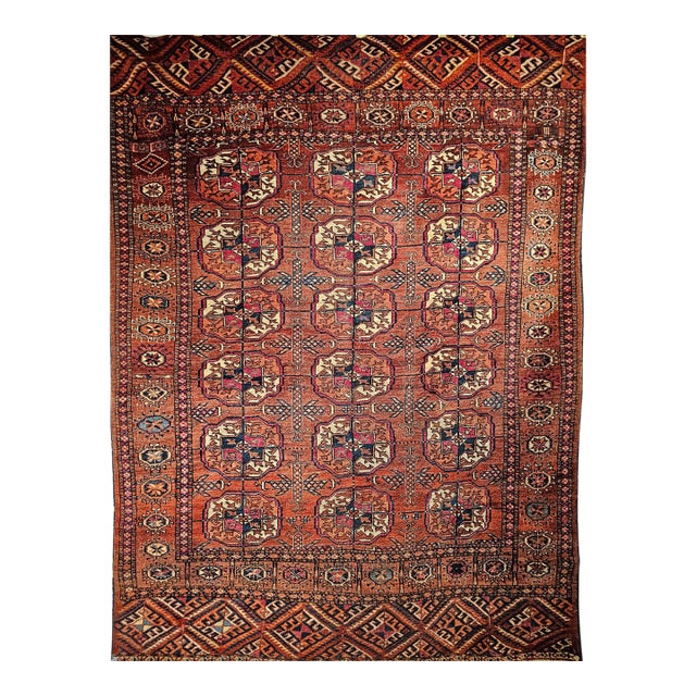 Vintage Turkmen Tekke in Allover Pattern in Red, Navy, Ivory, Yellow, Blue For Sale