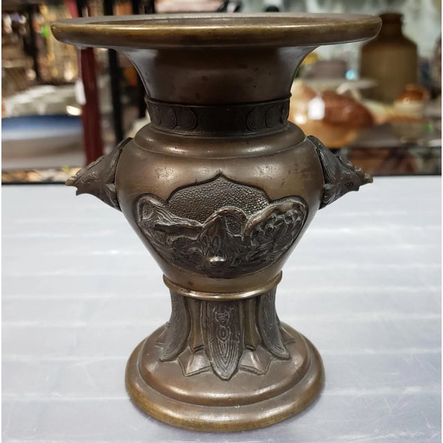 Late 19th Century Chinese Archaistic Bronze Turtle/Floral Motif Phoenix Head Handles Gu-Form Vase For Sale - Image 9 of 9