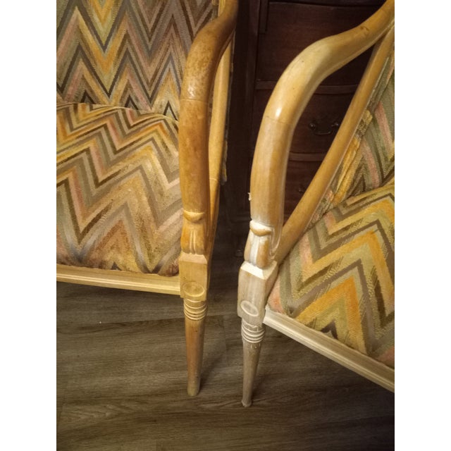 Beautiful mid-century modern Swan head chairs hand carved recovered in the 1970s in the geometric pattern absolutely...