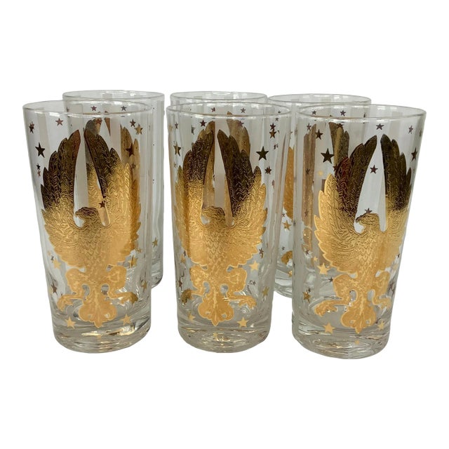Vintage Gay Fad Highball Collins Cocktail Glasses With Gilt Eagles and Stars and Frosted White Stripes For Sale