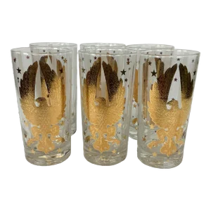 Vintage Gay Fad Highball Collins Cocktail Glasses With Gilt Eagles and Stars and Frosted White Stripes