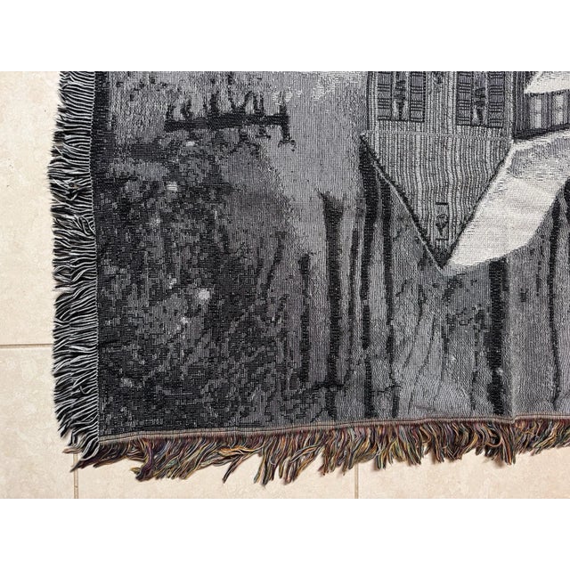 Vintage Winter Reindeer & Sleigh Woven Tapestry Throw With Fringe For Sale - Image 13 of 15