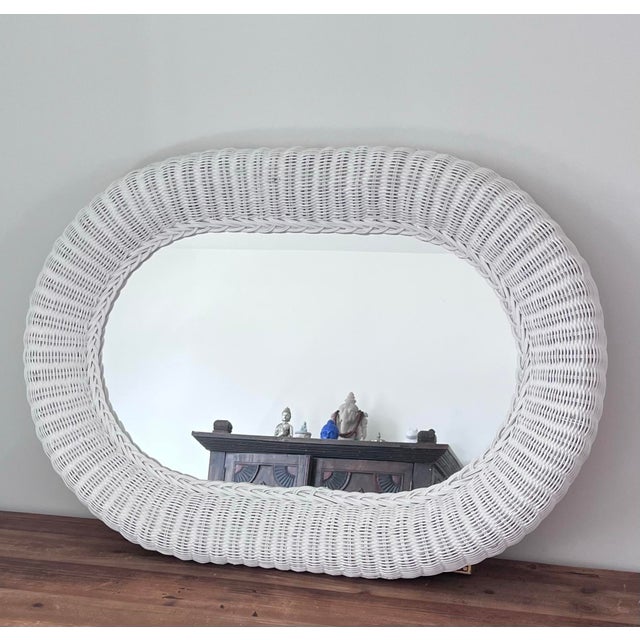 Boho Chic 1980s White Painted Woven Rattan Framed Mirror For Sale - Image 3 of 11