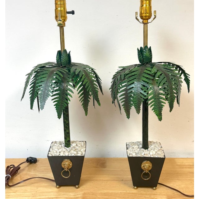 Hollywood Regency Pair of Hollywood Regency Polychromed Tole Palm Tree Topiary Lamps, Circa 1970s For Sale - Image 3 of 14