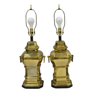Vintage Chinoiserie Chinese Ginger Jar Brass Plated Metal Table Lamps - A Pair For Sale