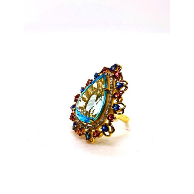 Bochic “Capri” Vintage Ruby, Tanzanite & Diamond Ring Set In 18K Gold & Silver Natural Blue Pear Shape Topaz 14 carats...