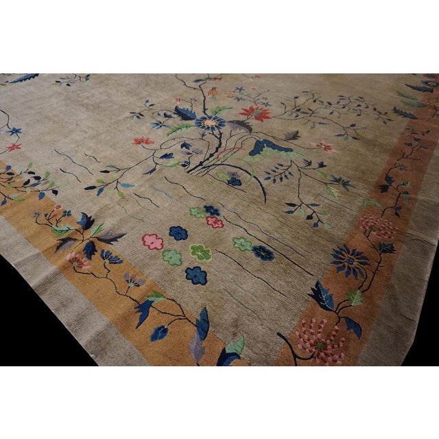 Beige Floral Antique Chinese Art Deco Rectangle Large 1920s Hand Knotted Rug For Sale - Image 11 of 12