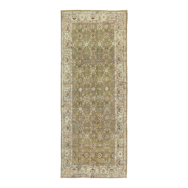 Olive Green Antique Oushak Rug From Turkey With Blossoms and Palmettes For Sale