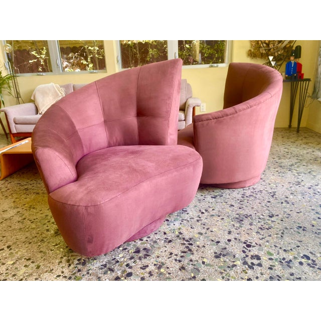 Postmodern 1980s Vintage UltraSuede Round Flared Oversized Corkscrew Barrel Swivel Chairs in the Manner of Vladimir Kagen Nautilus - a Pair For Sale - Image 3 of 10