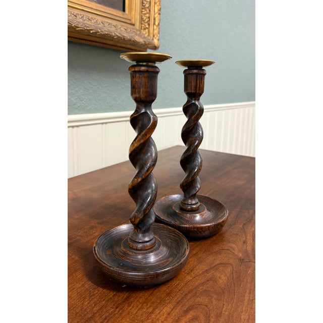 Antique English Barley Twist Candlesticks Candle Holders Oak Pair 10.5" Tall For Sale - Image 4 of 17