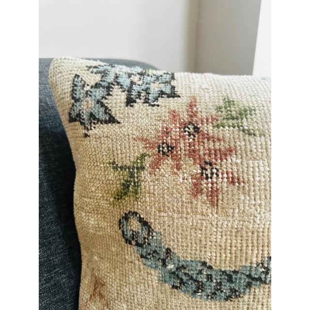 Vintage Turkish Isparta Rug Pillow Cover 16x16 – Faded Floral Wool Cushion For Sale - Image 10 of 11