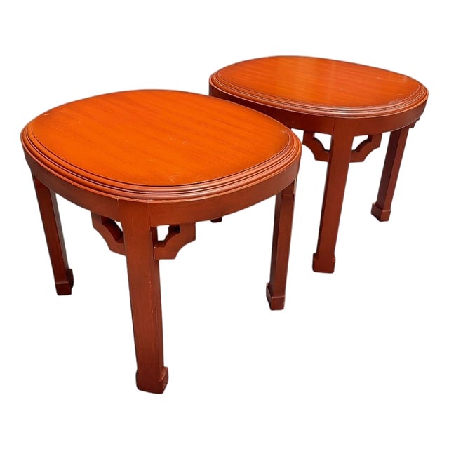 Vintage Palm Beach Regency Red Carved Oval Wood Ming Leg Side Tables by Jasper- A Pair For Sale