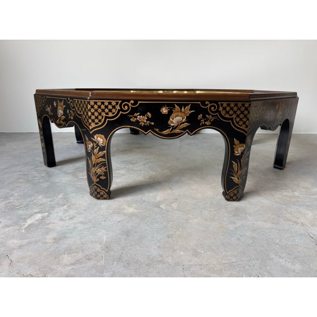 Baker Furniture Collector’s Edition Chinoiserie Octagonal Coffee Table With Brass & Glass Tray Top For Sale - Image 11 of 12