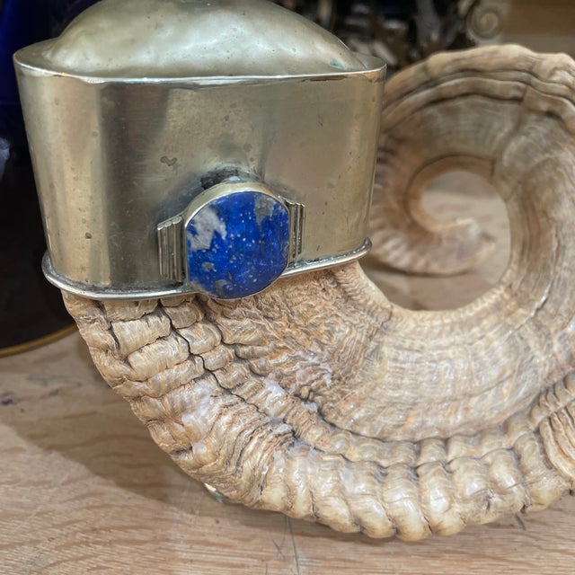 Mid 20th Century Pair of Ram Horns, Metal Lapis Lazuli Candlesticks For Sale - Image 9 of 12