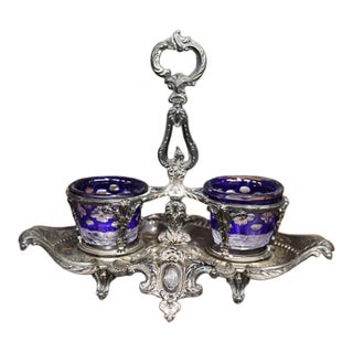 Late 19th Century Double Salt Cellar With Cobalt Blue Glass Liners, Rococo Revival For Sale