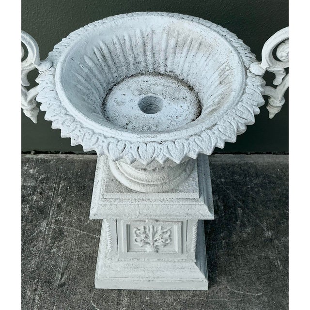 Metal Vintage Regency Painted Wrought Iron Urn on Pedestal For Sale - Image 7 of 12