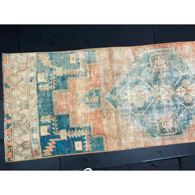 Textile Turkish Oushak Peach and Teal Pastel Handmade Runner Rug - 2′9″ × 11′7″ For Sale - Image 7 of 11