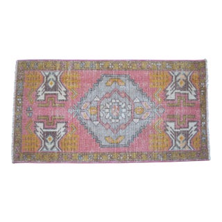 1970s Pink and Gray Hand-Knotted Wool Turkish Rug Doormat - 1'7" X 2'12" For Sale