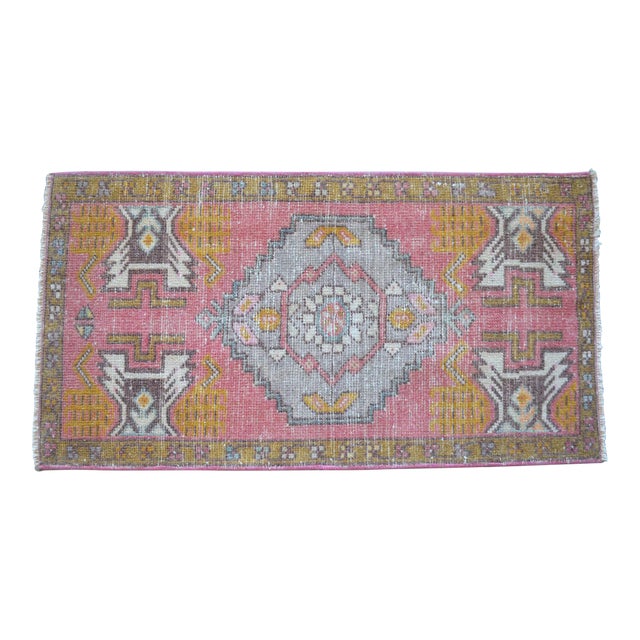 1970s Pink and Gray Hand-Knotted Wool Turkish Rug Doormat - 1'7" X 2'12" For Sale