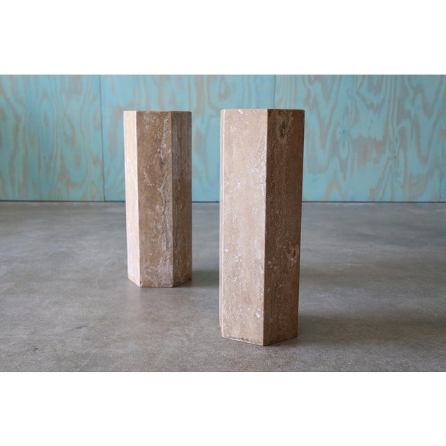 1960s Post Modern Travertine Hexagonal Pedestal Column End / Drink Tables - Set of 2 For Sale - Image 4 of 10