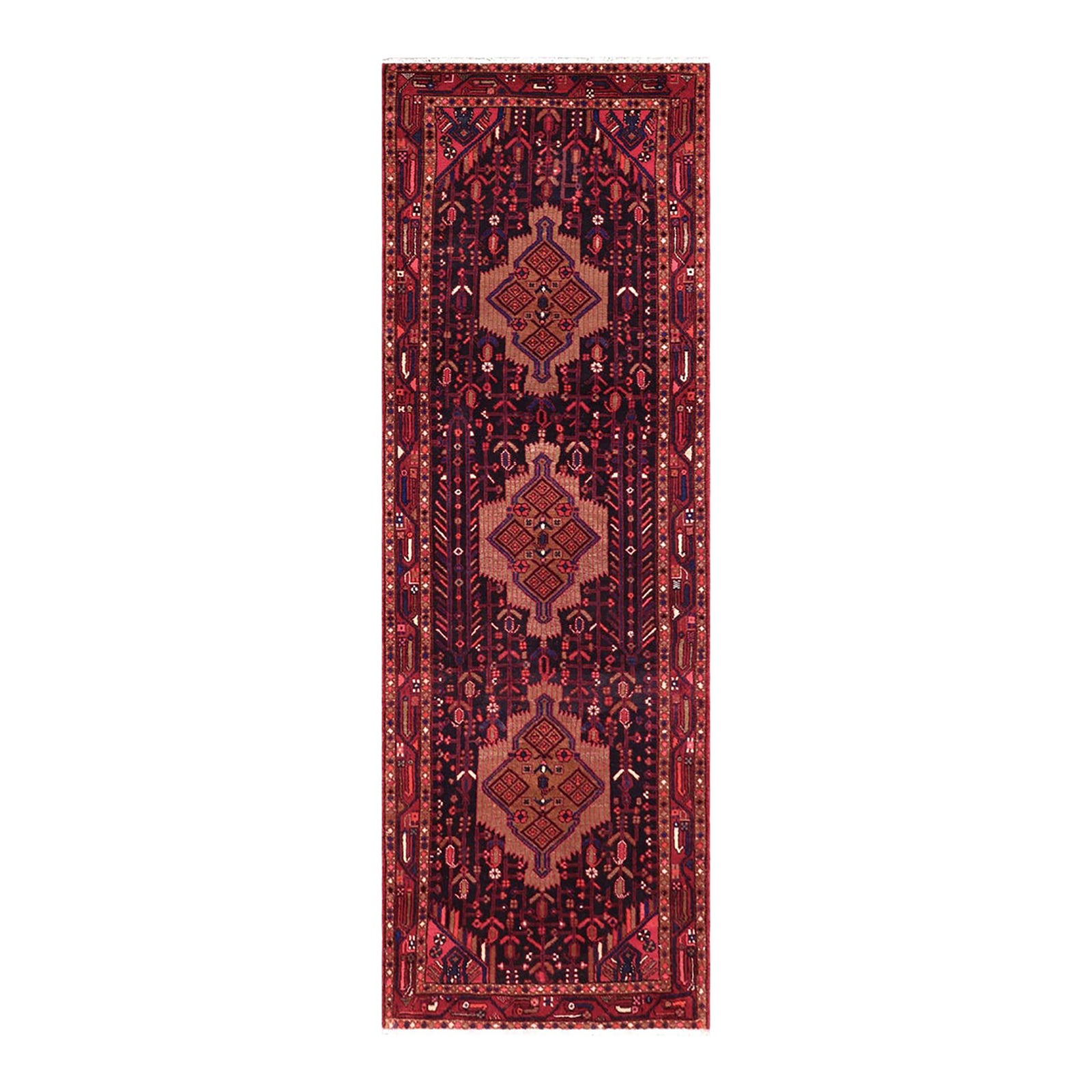 Antique Tabriz Black/Red Wool Runner Rug- 3'7'' X 10'2'' | Chairish