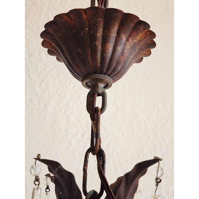 1950s French Style Wrought Iron & Tole Chandelier With Crystals For Sale - Image 9 of 11