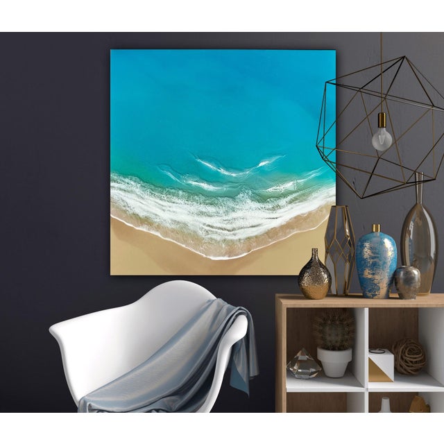 Turquoise Dreams by Ana Hefco | Layered tinted resin on wood panel Abstract ocean scene with beach. For Sale - Image 4 of 5