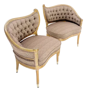 Pair Gold Gilt Carved Frame New Upholstery Tufted Back Fire Side Lounge Chairs