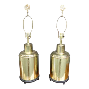 Brass Can Etched Chinoiserie Lamps/Pair