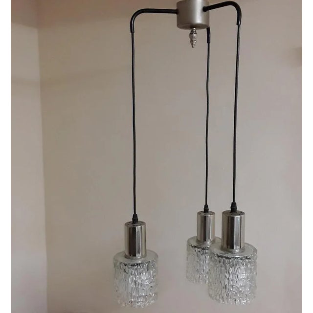 1960s Three-Flame German Cascade Lamp with Black Metal Frame and Clear Relief Glass Umbrellas on Chrome-Plated Metall, 1960s For Sale - Image 5 of 5