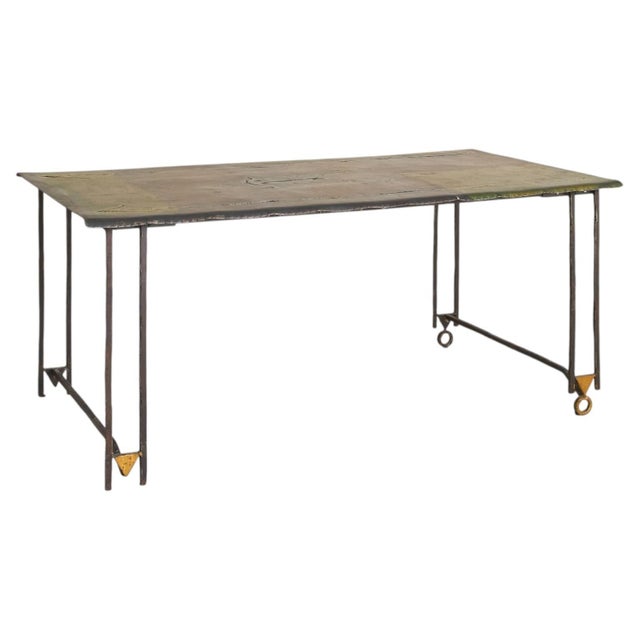 1990s French Brutalist WroughtIron Gold Leaf Dining Table by Jean-Jacques Argueyrolles For Sale