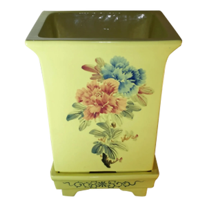 Vintage 1970's Chinese Famille Jaune Style Porcelain Peony Flower Motifs Jardiniere on Stand (Taiwan r.o.c.)