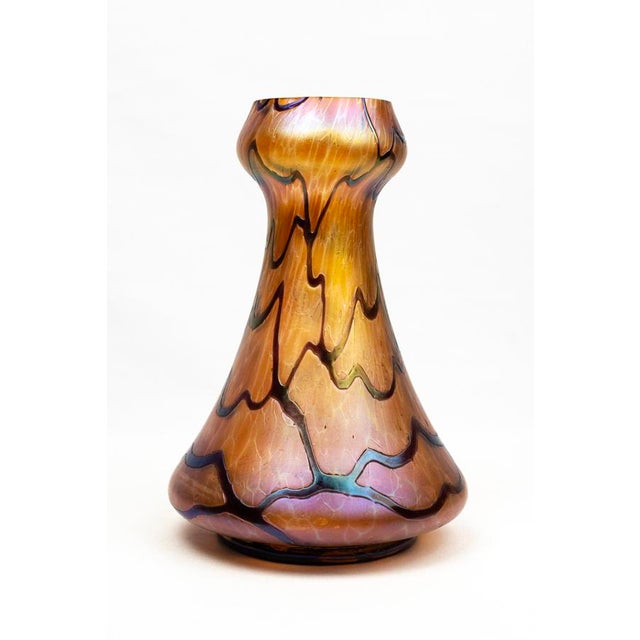 Amber-Orange Vases in Iridescent Molded Glass with Wavy Relief Decor from Pallme-König & Habel, Bohemia, 1900s, Set of 2,...