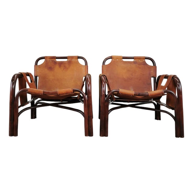 Set of Bamboo and Natural Leather Chairs by Tito Agnoli, 1970s For Sale