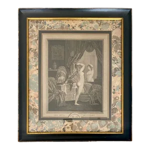 Antique French Dressing Room, Boudoir Engraving Original Marbelized Frame, Paris, Circa 1900