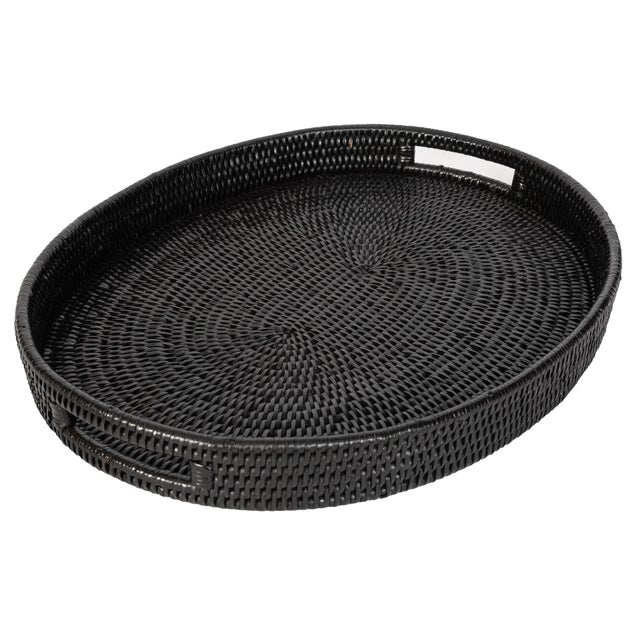 Wood Artifacts Rattan Oval Tray With Cutout Handles in Tudor Black - 18" For Sale - Image 7 of 9