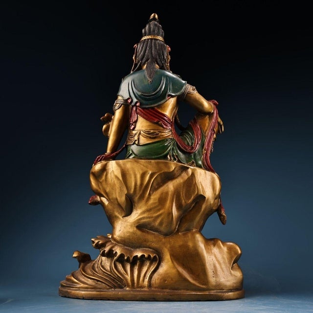Painted Gilt‑Bronze Water‑Moon Guanyin Statue, Chinese Free‑Seated Avalokiteshv Figure For Sale - Image 4 of 10
