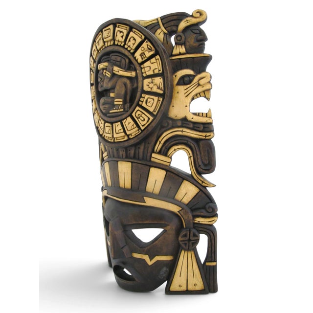Brown Mexican Hand Carved Wood Aztec/Mayan Warrior Headdress Calendar Wall Mask For Sale - Image 8 of 10