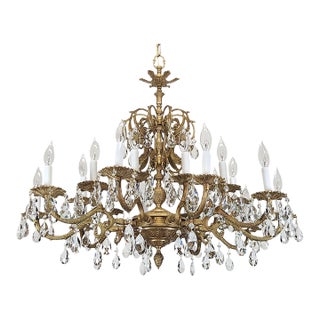 Antique Opulent Brass Cut Lead Crystal Chandeliers 30 Wide ~ Pair Available For Sale