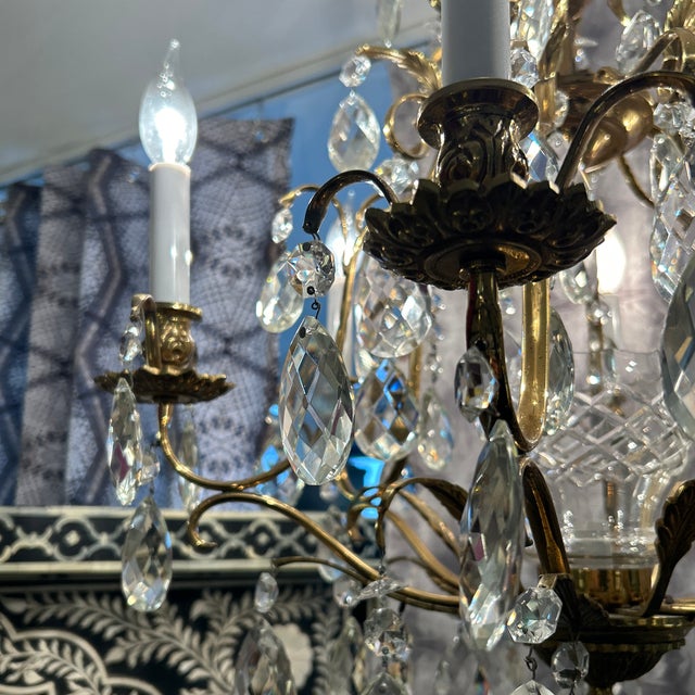 Brass Brass and Crystal Tear Drop Multi Arm Chandelier For Sale - Image 8 of 11