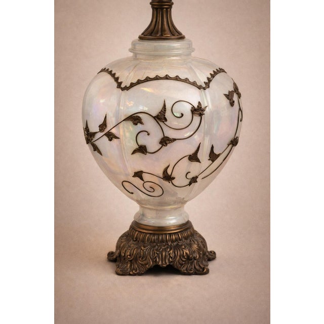 1960s Vintage Hollywood Regency Opaline Glass Table Lamp With Metal Filigree, Circa 1960s–1970s For Sale - Image 5 of 5
