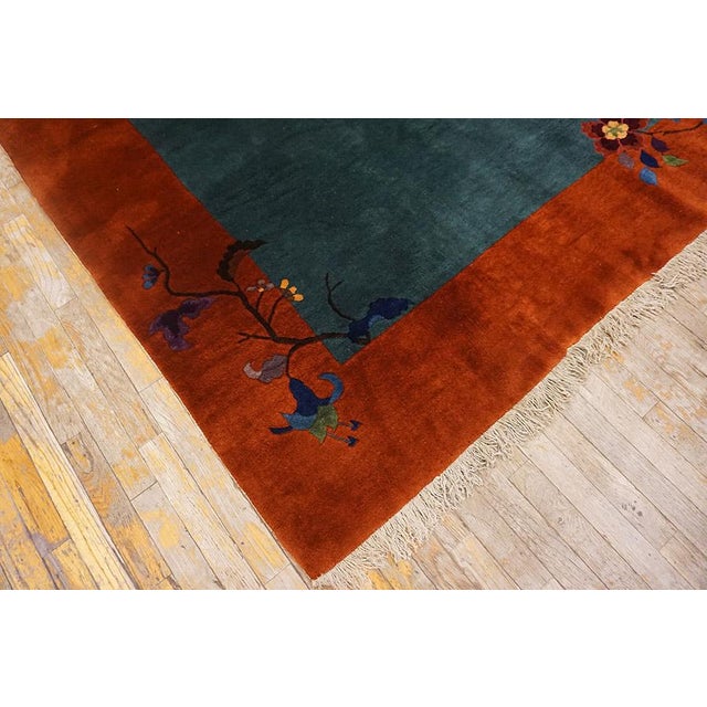 Exceptional Army Green Color Ground With Bits of Chinese Ornament Floral Design Antique Chinese Art Deco Rug For Sale - Image 15 of 15